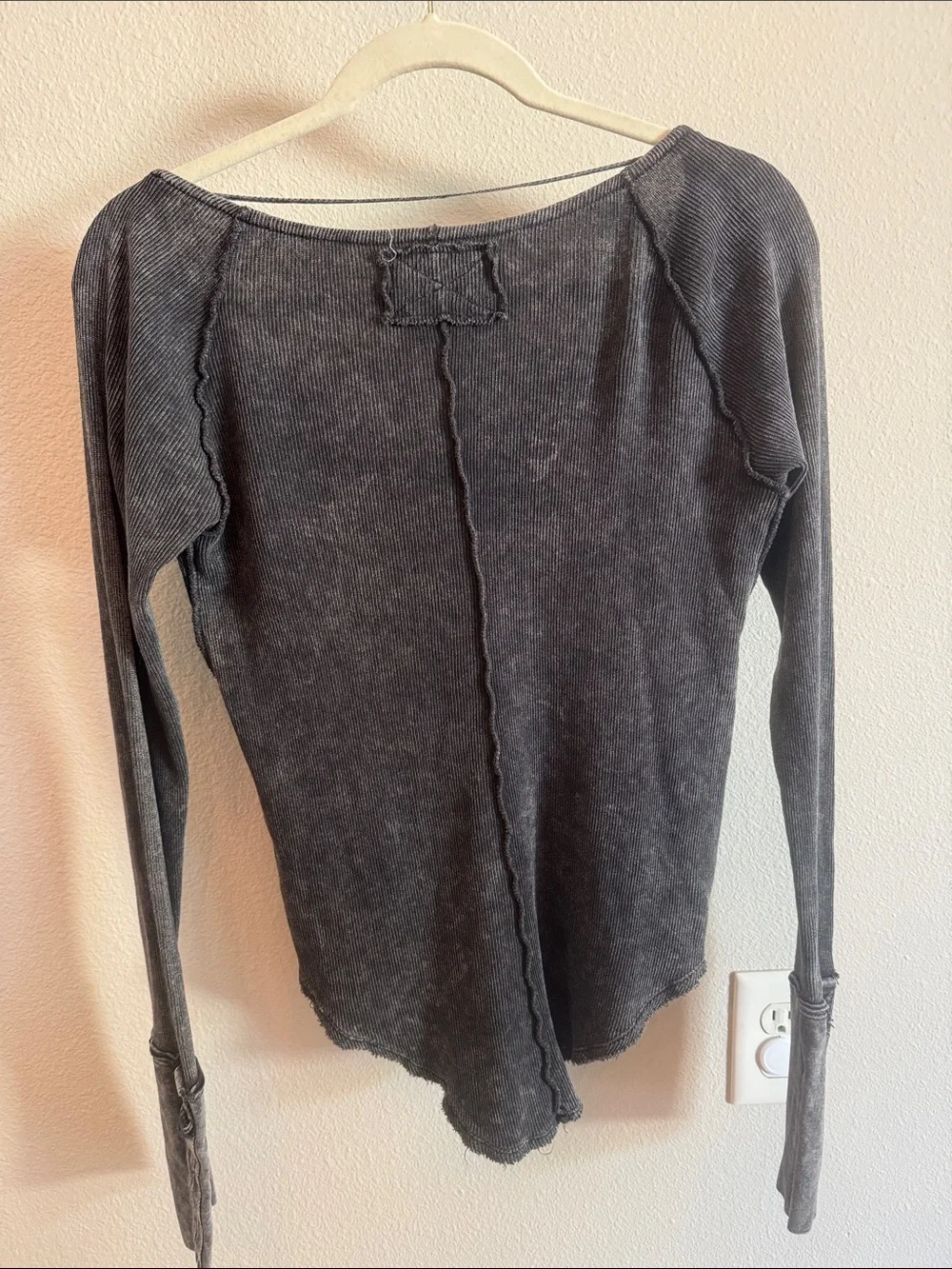 Free People Washed Black Ribbed V-Neck Long Sleeve Top